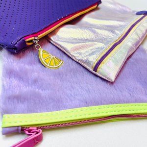 3 Retro Shaggy Fur, Mesh, Iridescent Travel Cosmetic Bag Bundle